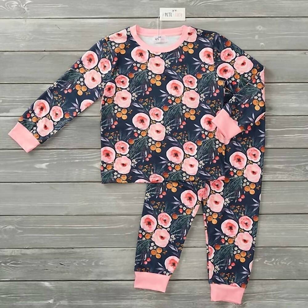 NEW PETE + LUCY girls botanical blush loungewear set in navy